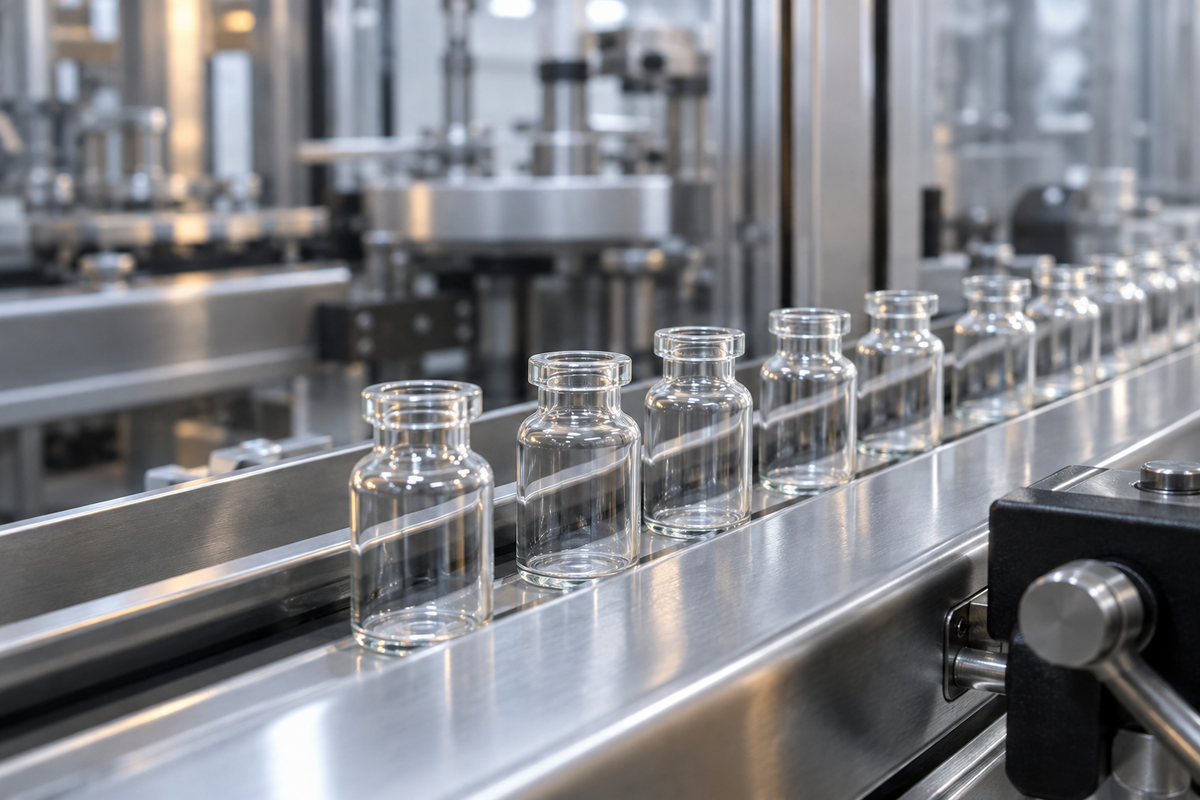 Empty glass vials beside enclosed packaging equipment