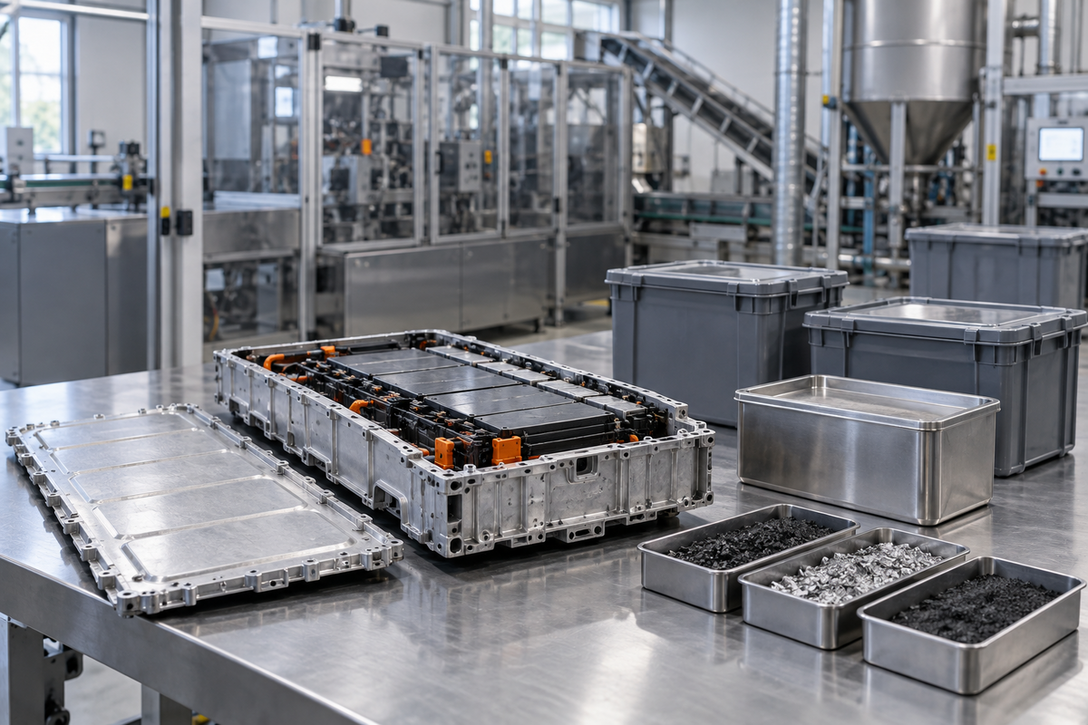 Battery module casing on a materials inspection bench