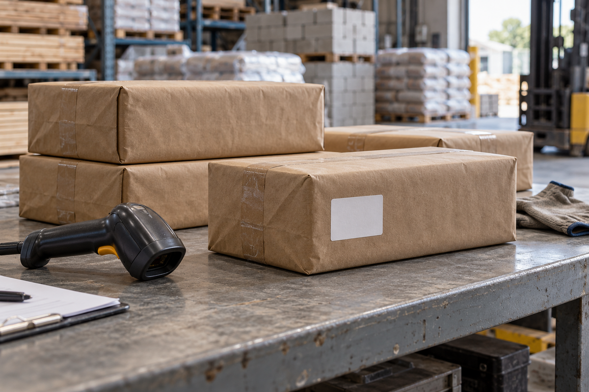 Building material packages beside an inspection scanner