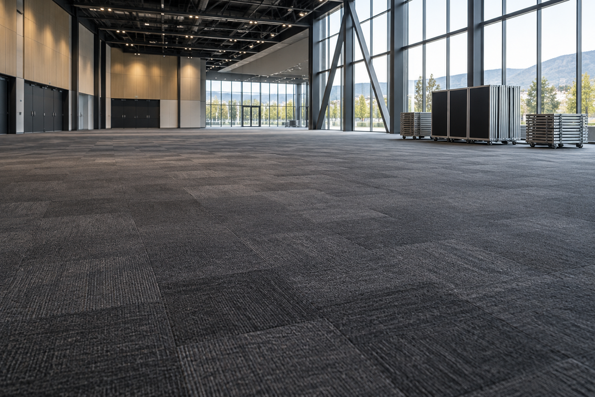 Installed carpet across an empty exhibition hall
