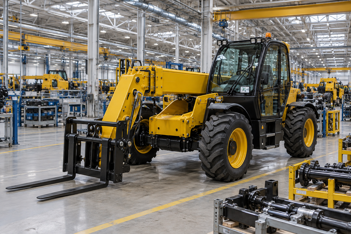 Telehandler assembly in a manufacturing hall